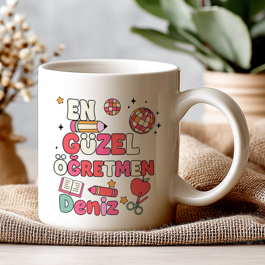 İsimli Öğretmenler Günü Tasarımlı Beyaz Kupa Bardak, Öğretmenler Günü Hediyesi, Kişiye Özel Bardak