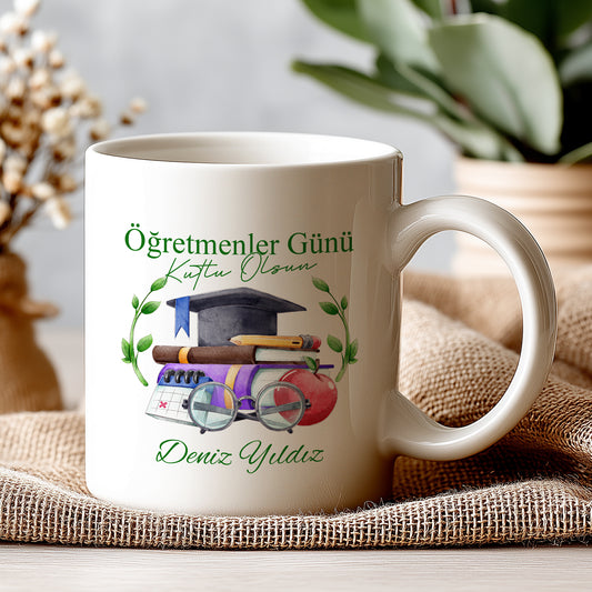 İsimli Öğretmenler Günü Tasarımlı Beyaz Kupa Bardak, Öğretmenler Günü Hediyesi, Kişiye Özel Bardak