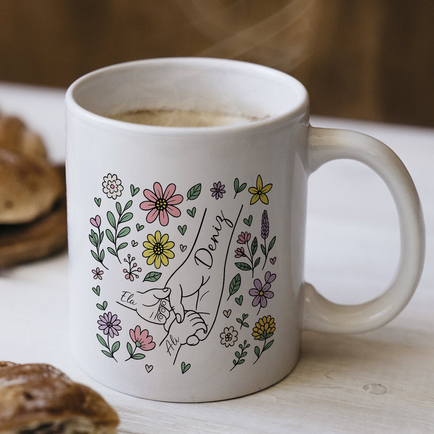 Kişiye Özel Anne Baba ve Çocuk İsimli Kupa – El Ele Çizimli, Çiçekli Tasarım Hediye Bardak