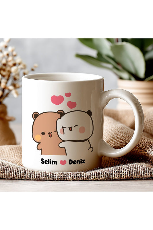 Sevgiliye Özel İsimli Kupa, Çift Kupası, Sevgiliye Hediye, Sevimli Ayıcık Tasarımlı Kupa