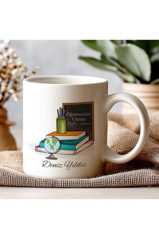 İsimli Öğretmenler Günü Tasarımlı Beyaz Kupa Bardak, Öğretmenler Günü Hediyesi, Kişiye Özel Bardak