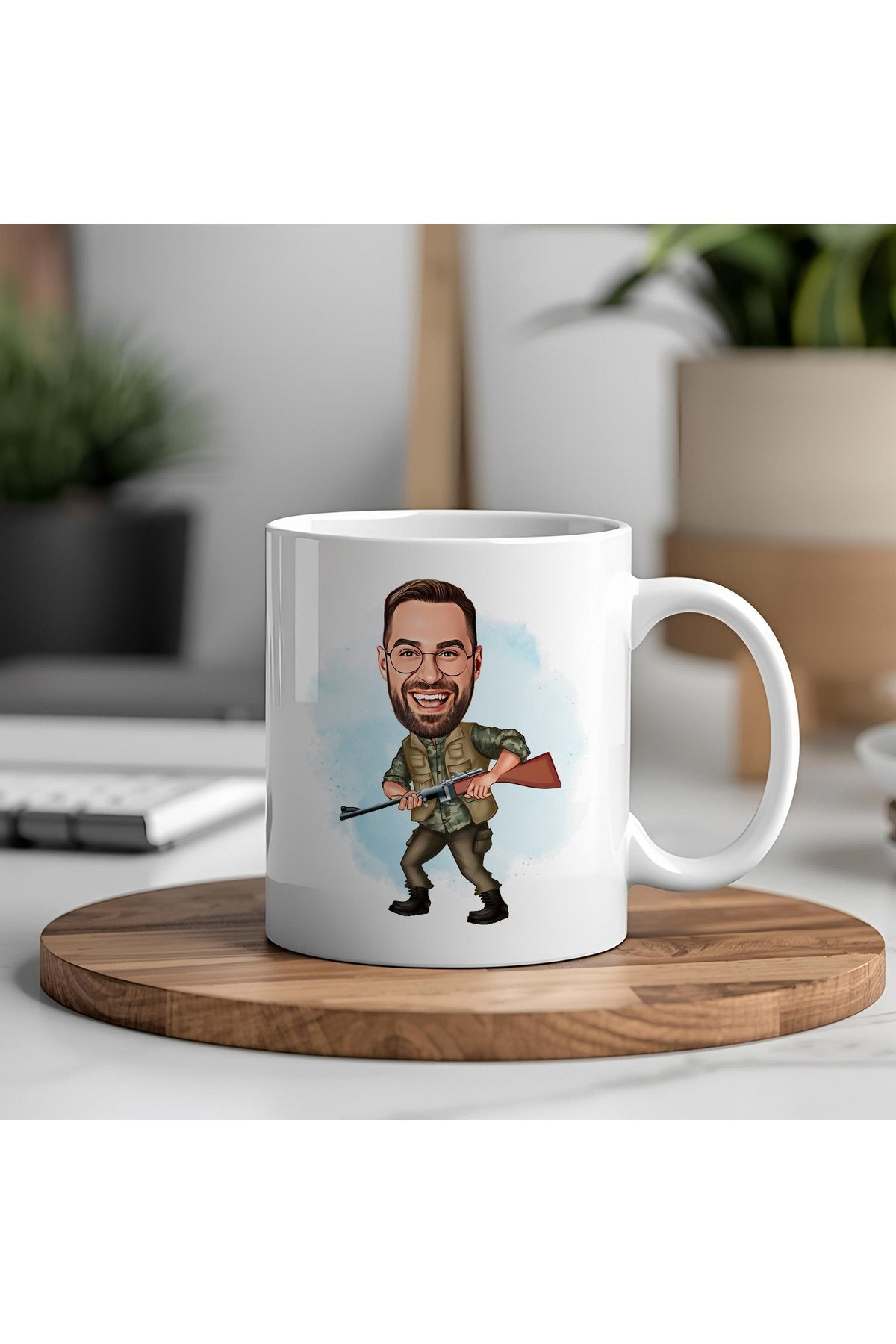 Avcılar İçin Kişiye Özel Karikatür Kupa – Fotoğraftan Karikatür Çizim, Mizahi ve Eğlenceli Hediye