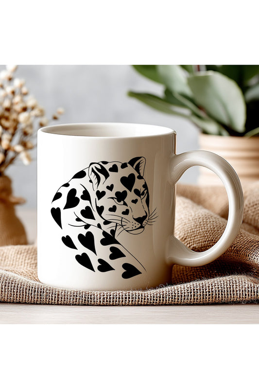 Kalpli Leopar Tasarımlı Kupa – Şık Siyah Beyaz Minimal Hayvan Desenli Kahve Kupası